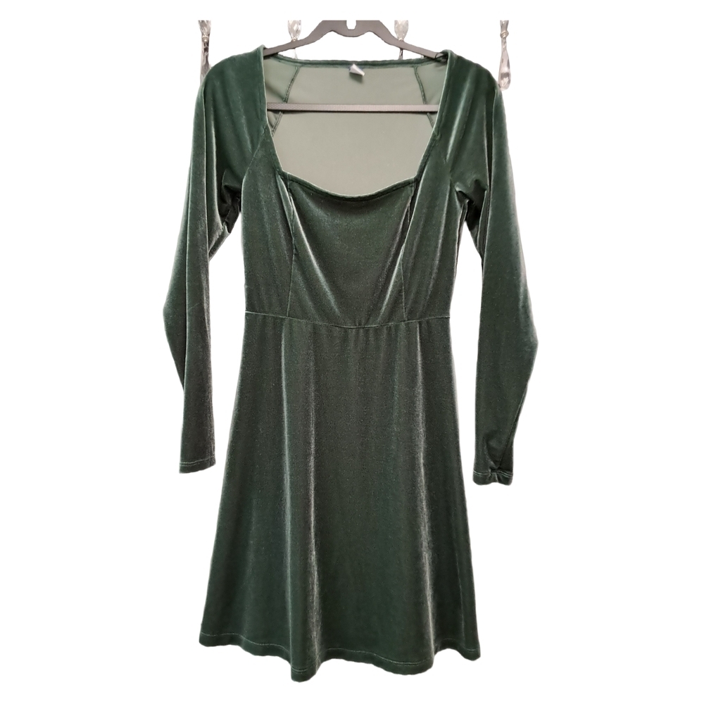 Y2K Style Old Navy Long Sleeve Velvet Dress - Deep Green Sz S